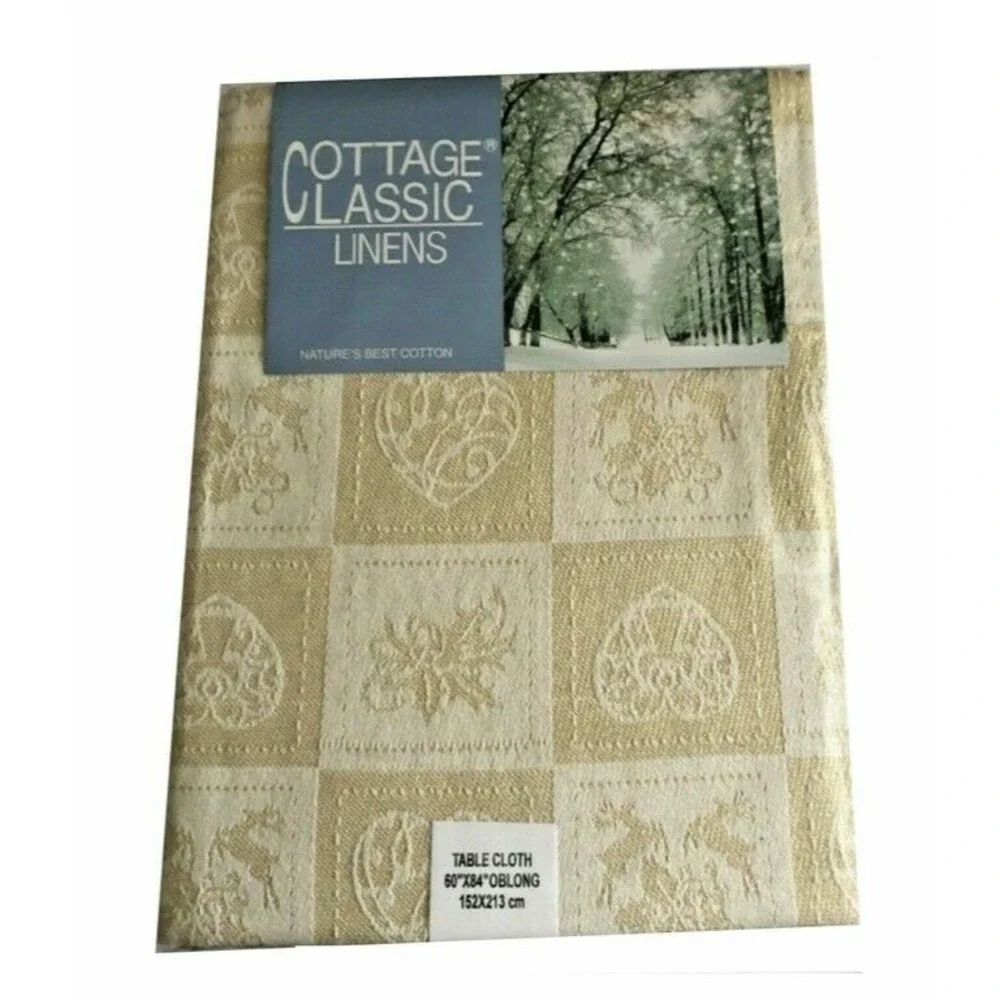 Christmas Jacquard Gold Tablecloth Textured Woven Reindeer Angels 60x84